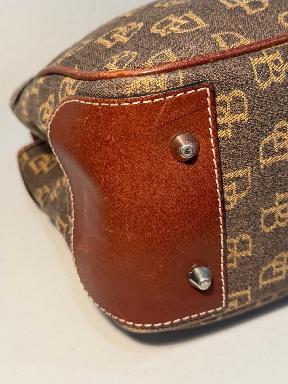 Vintage Dooney & Bourke Signature DB Monogram Satchel Bag - Brown & Oxblood - Picture 6 of 13